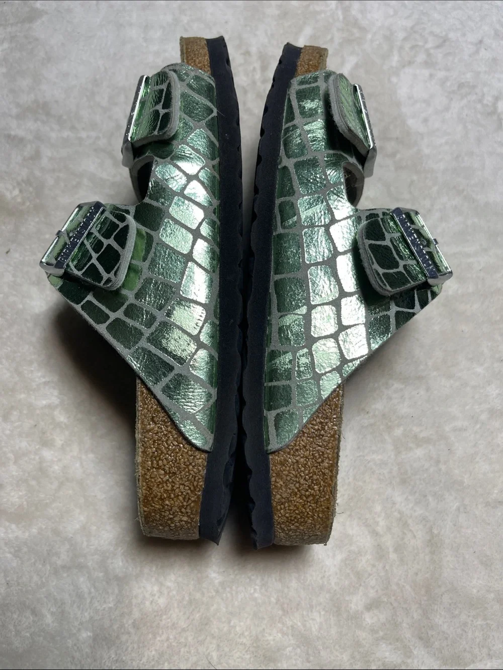 Birkenstock Arizona Green Croc-Embossed Double Strap Sandals Size 39